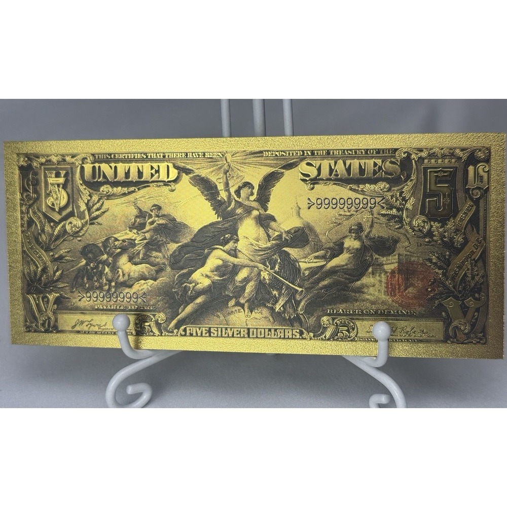 1896 $5 Silver Certificate Angels Gold Foil Banknote Bill Dollar - Novelty